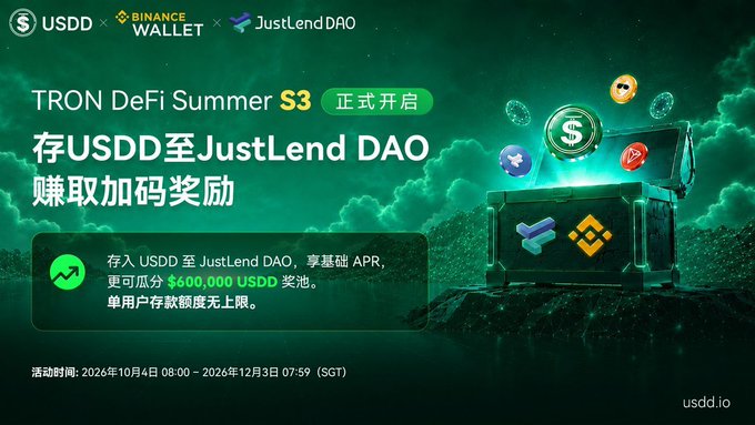 An advertisement for 'TRON DeFi Summer S3' featuring USDD, Binance Wallet, and JustLendDAO, promoting deposits to earn from a $600,000 USDD prize pool between October 4 and December 3, 2026.
