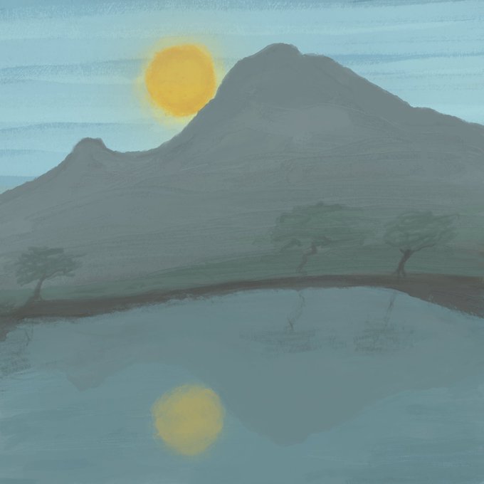 A serene landscape painting depicting a mountain silhouette at sunset, with an orange sun and its reflection in calm blue water below, flanked by small trees on the shore.
