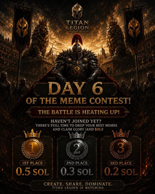 The image features a poster for the Titan Legion Meme Contest, which has been posted on social media platforms like Twitter and Instagram. The poster displays an illustration of a man wearing a helmet with a shield, surrounded by banners that represent different levels or tiers in the contest. The text on the poster announces "Day 6 of the Titan Legion Meme Contest!" and provides information about the contest's rules and prizes for participants to claim their spot on the podium.