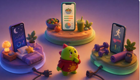 A 3D illustration of a small green character standing among glowing platforms displaying smartphone apps related to sleep tracking, nutrition, and fitness.
