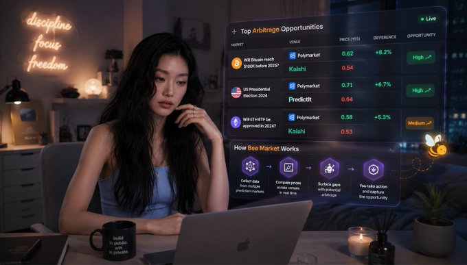 An AI-generated image of an Asian woman at a laptop with a 'discipline focus freedom' neon sign, showing a Bee Market prediction interface for Bitcoin, US Presidential Election, and ETH markets with arbitrage opportunities.