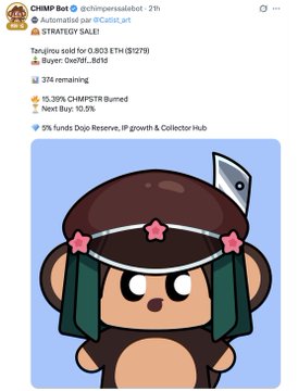A social media post by CHIMP Bot (@chimpersalebot) advertises an "Automadise par @Catsist_art" NFT, originally bought for 0.803 ETH ($1,279) from Oxe98...Bd1d, with details showing 374 remaining, 15.39% $CHMPSTR burned, a 10.5% Next Buy, and 5% funds allocated to Dojo Reserve, IP growth, and Collector Hub. The accompanying tweet celebrates the user gifting themselves a Protocol Chimpers NFT for their birthday and unlocking the Masters circle, connecting the image to the personal milestone of joining this exclusive NFT community.