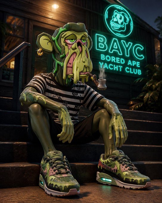 A stylized 3D artwork of a green, melting zombie-like ape character wearing a striped shirt and sneakers, sitting in front of a neon 'BAYC Bored Ape Yacht Club' sign.