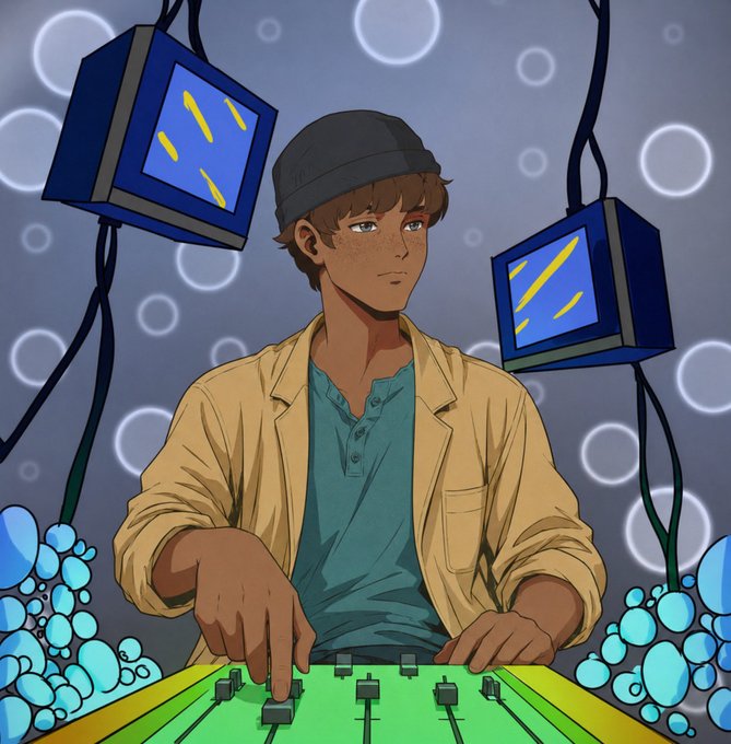 An anime-style illustration shows a young man with brown hair and a beanie operating a green mixing console, with blue cube monitors and bubbles floating in the background.