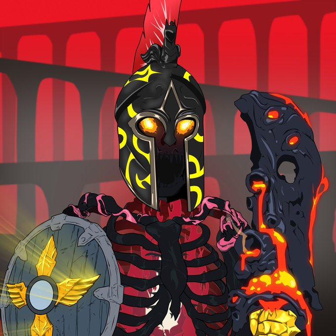 A skeletal warrior wearing an ornate black and gold helmet with glowing yellow eyes holds a shield bearing a winged emblem in one hand and a dark, lava-infused blade in the other, set against a red-accented background of stone arches. The artwork, credited to "Bonez=Art," showcases a haunting fusion of undead and fiery fantasy elements.