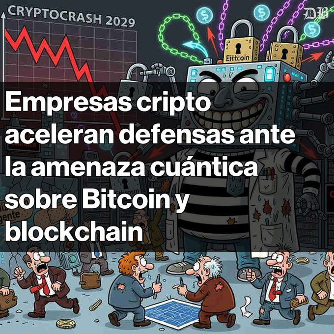 Illustration depicting the 'CRYPTOCRASH 2029' with a menacing robot threatening panicked investors, overlaid with Spanish text: 'Empresas cripto aceleran defensas ante la amenaza cuántica sobre Bitcoin y blockchain.'