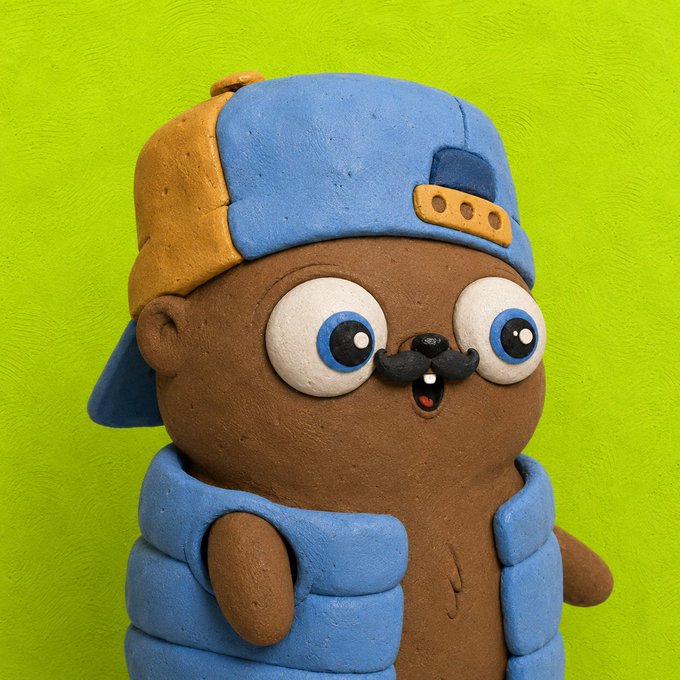 A claymation-style figure of a brown, round character with large blue and white eyes, a small mustache, wearing a blue and brown backwards cap and a blue puffy vest, set against a textured bright green background.