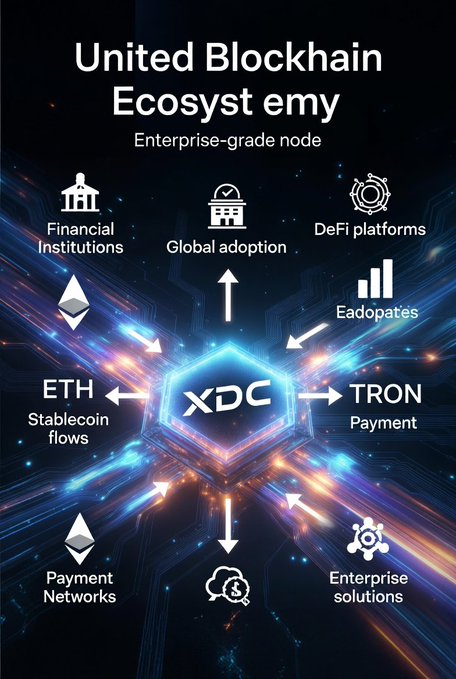 The image features a poster with a black background and blue neon lights. The poster displays various icons representing different cryptocurrencies, such as Bitcoin, Ethereum, Ripple, and XDC. It also includes text explaining the strengths of each cryptocurrency chain, including Bitcoin's massive stablecoin growth, Ripple's fast low-cost payments, and XDC's focus on enterprise-grade finance and real-world asset tokenization. The poster is titled "United Blockchain Ecosystem emy" and "The future of finance is undoubtedly multi-chain!".