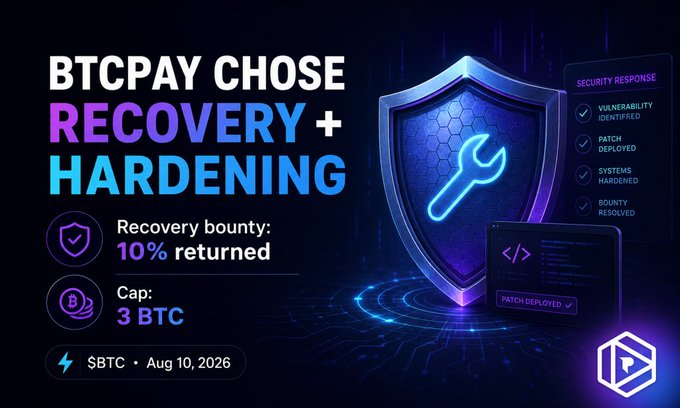 Promotional graphic for 'BTCPAY CHOSE RECOVERY + HARDENING' advertising a 10% returned recovery bounty with a 3 BTC cap on BTC, dated Aug 10, 2026, alongside a blue security shield with a wrench icon and a security response checklist.