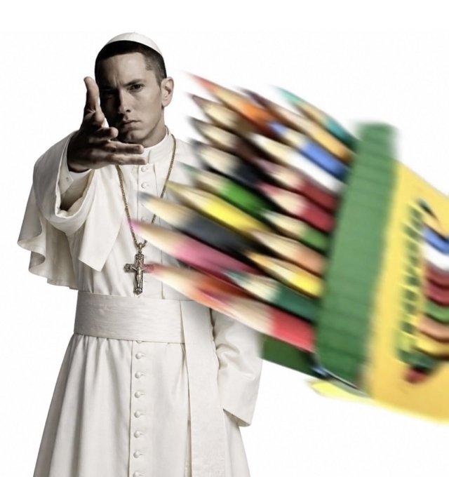A figure dressed as the Pope in white robes and a cross necklace extends his hand, with colorful blurred objects flying past him against a white background.
