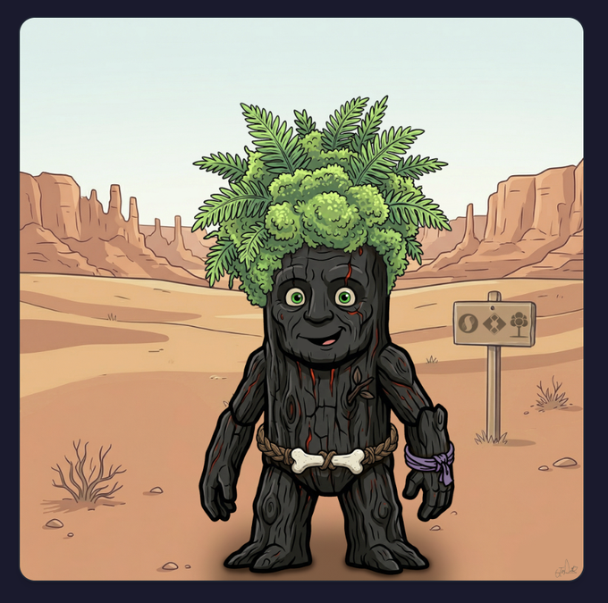 A cartoon illustration of a smiling tree-creature character with green foliage for hair, wearing a bone belt and purple wristband, standing in a desert landscape with rock formations.