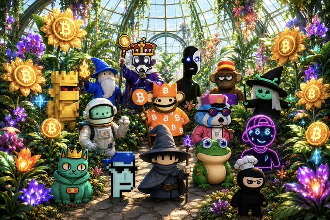 A colorful digital illustration featuring various crypto/NFT characters, including a Bitcoin king, an astronaut, a frog, and a ninja, surrounded by Bitcoin sunflower coins in a lush greenhouse.