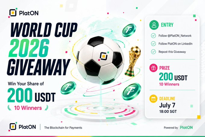 A PlatON-branded "World Cup 2026 Giveaway" promotional banner offering 200 USDT to 10 winners, featuring a soccer ball and trophy alongside entry instructions to follow @PlatON_Network and PlatON's LinkedIn, repost, and comment a favorite World Cup team by the July 7, 18:00 SGT deadline.