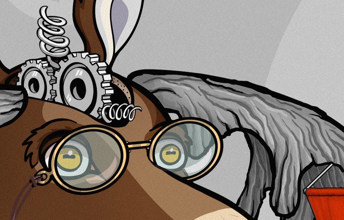 A cartoon illustration of a brown rabbit wearing round goggles and a mechanical brain with gears, springs, and wires attached to its head.