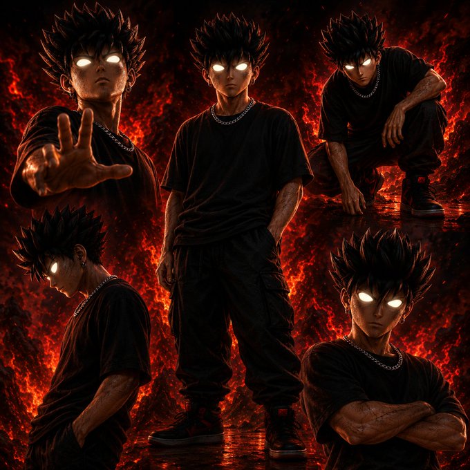 An anime-style character appears in multiple poses against a fiery red background, featuring glowing eyes and spiky black hair.