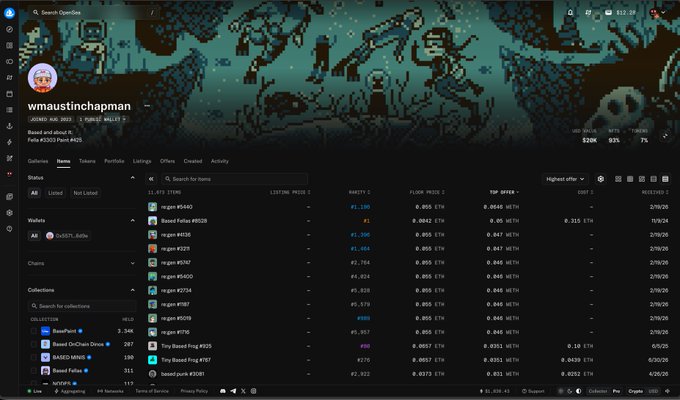 A screenshot of an NFT analytics platform showing the items portfolio for user 'wmaustinchapman', listing various NFTs like 'Degen #5640' and 'Degen #8528' with their floor prices in ETH.
