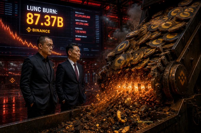 Two men in suits stand before a digital display showing "LUNC BURN: 87.37B" with Binance branding, while a large industrial machine crushes golden cryptocurrency coins, sending debris and sparks flying.