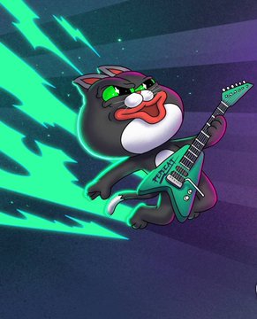 A cartoon black cat with a red tongue sticking out plays a flying-V style electric guitar, soaring through the air with green energy streaks trailing behind it.