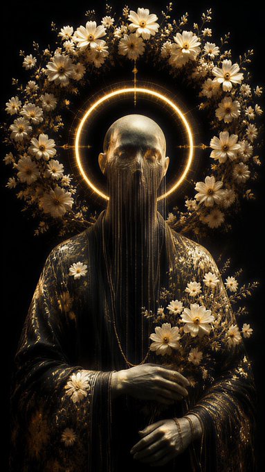 A dark, artistic portrait of a figure with a halo of light and flowers, wearing a veiled face covering, surrounded by a wreath of white blossoms.