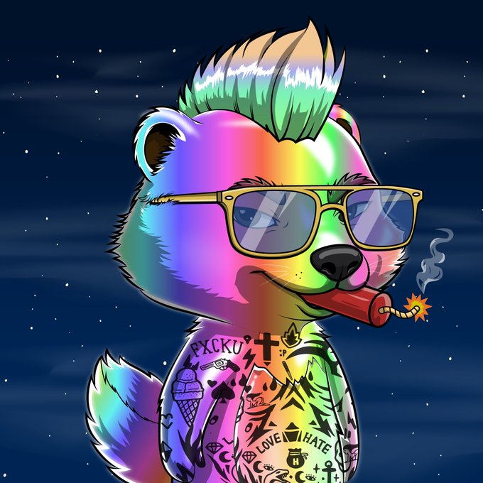 A colorful rainbow-hued cartoon animal (resembling a bear/dog) with sunglasses, a green mohawk, tattoos including 'LOVE' and 'HATE', and a lit dynamite stick in its mouth against a starry night sky.