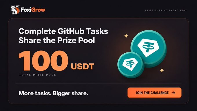 A promotional banner for 'FoxiGrow' featuring the text 'Complete GitHub Tasks Share the Prize Pool' and a '100 USDT' prize pool highlighted alongside stylized green coin graphics.