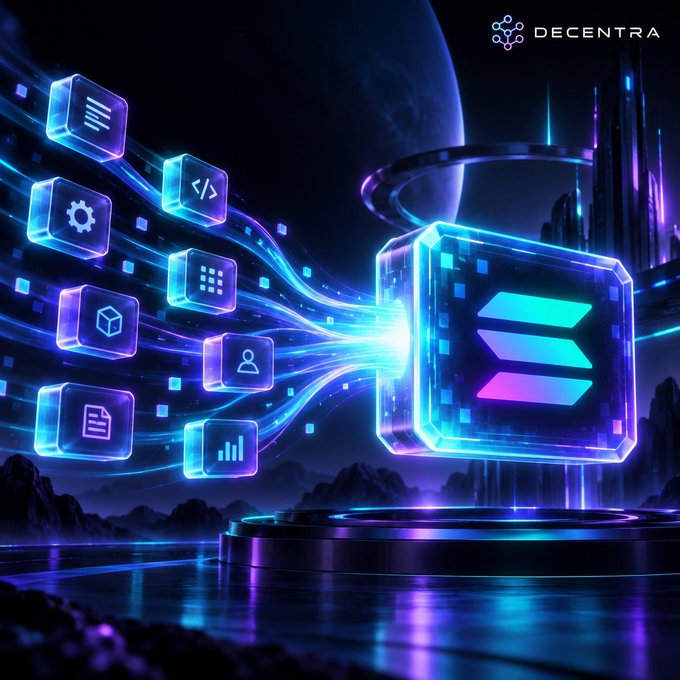 A futuristic digital graphic with the 'DECENTRA' logo, showing a glowing cube with the Solana emblem alongside floating app icons.