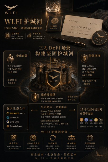 The image features a poster for a cryptocurrency called WLFI, which stands out due to its gold color scheme. The poster includes various elements such as a castle, a sword, and a shield, symbolizing strength and protection. It also displays information about the cryptocurrency, including details on how it works and what it can be used for. Additionally, there is a post on social media that promotes WLFI, which further emphasizes its importance in the world of digital currency. The poster is accompanied by a gold wallet icon, indicating that users can easily access their funds through this platform.