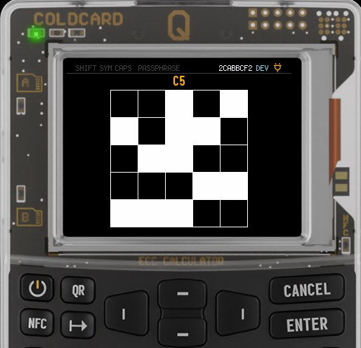 A Coldcard Q hardware Bitcoin wallet displaying a crossword-like puzzle screen labeled 'C5' on its 'ECC Calculator' interface, featuring passphrase input options.