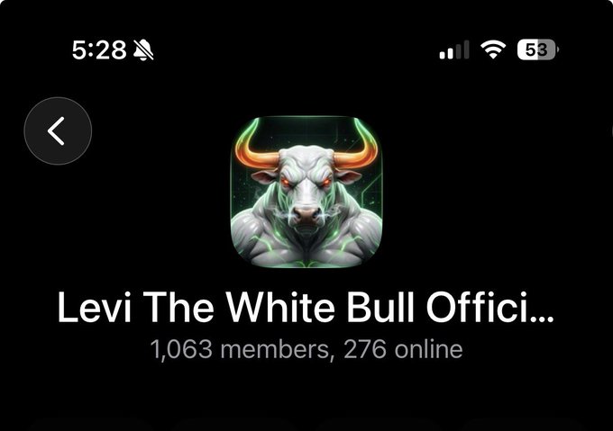 A Telegram group page for 'Levi The White Bull Offici...' showing 1,063 members and 276 online, featuring a bull logo icon.