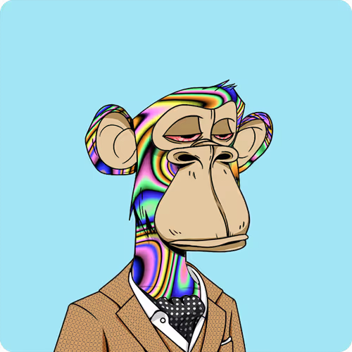 A cartoon illustration of a bored-looking ape wearing a brown suit and tie, with a multicolored psychedelic pattern on its head and neck, set against a light blue background.