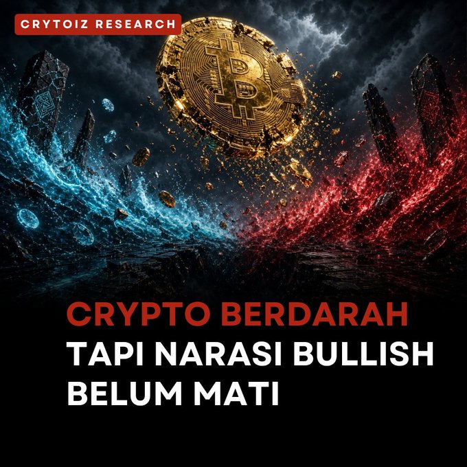 A cryptocurrency promotional graphic from Crytoiz Research featuring a Bitcoin symbol between blue and red water-like splashes, with text reading 'CRYPTO BERDARAH TAPI NARASI BULLISH BELUM MATI' (Crypto is bleeding but the bullish narrative isn't dead).