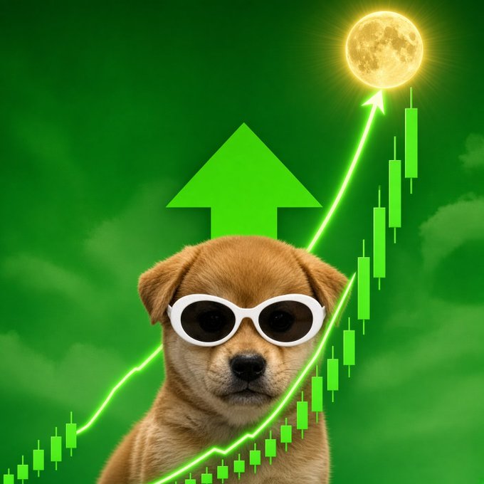 A digitally created image featuring a puppy wearing white sunglasses in the foreground, with a green upward arrow, a rising stock chart with a moon, set against a green cloudy sky.