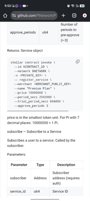 A screenshot of GitHub documentation for PiNetwork showing a code snippet of a Stellar contract invocation command with parameters like `--price 10000000` for a "Premium Plan" service, illustrating the Pi coin's on-chain price configuration referenced in the post.