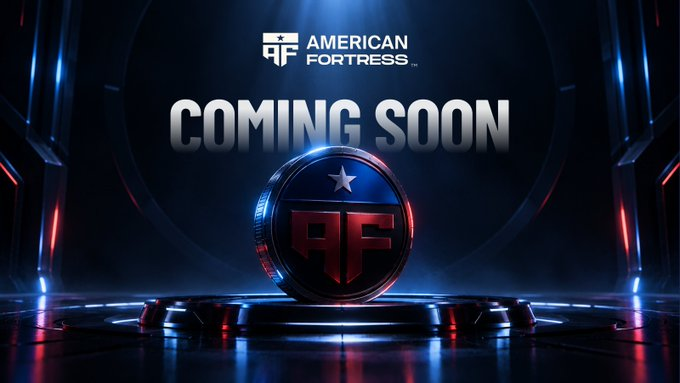 Promotional graphic for 'AMERICAN FORTRESS' with 'COMING SOON' text displayed above a metallic AF logo emblem in a futuristic blue-lit setting.