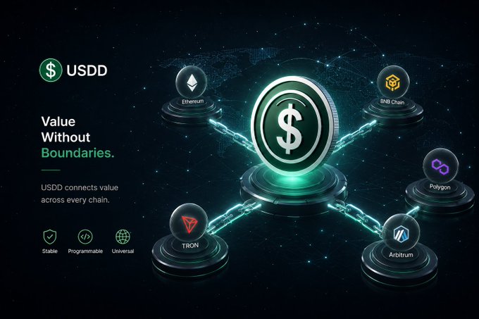 A promotional graphic for USDD cryptocurrency, featuring the tagline 'Value Without Boundaries' and showing its connectivity across Ethereum, BNB Chain, Polygon, Arbitrum, and TRON networks.