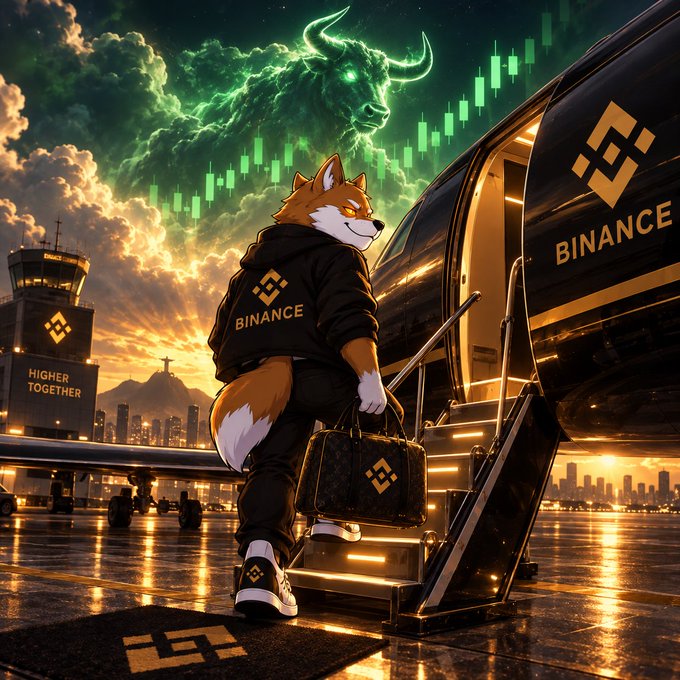 An AI-generated digital artwork of an anthropomorphic Shiba Inu wearing a black 'BINANCE' hoodie, carrying a briefcase while boarding a private jet branded with the Binance logo, with a green bull emerging from clouds and candlestick charts in the sky.