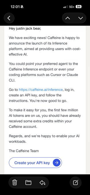 An email notification from Caffeine announcing the launch of their Inference platform, offering users API key creation and free tokens to get started.
