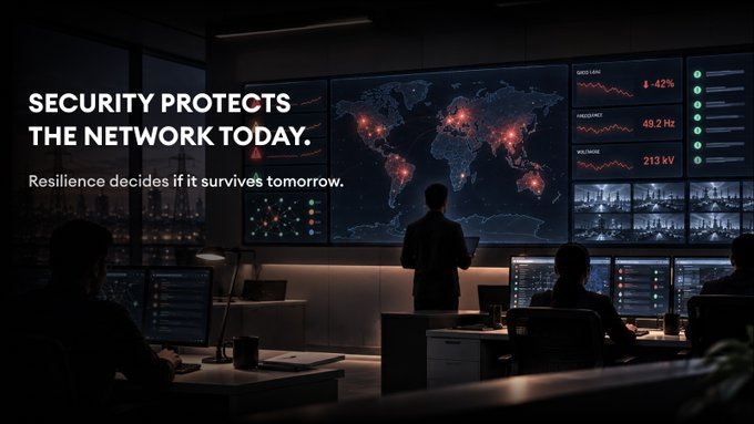 A network operations center displays a glowing world map with red data clusters and telemetry readouts (GRID LOAD –42%, FREQUENCY 49.2 Hz, VOLTAGE 213 kV), while text overlays read "SECURITY PROTECTS THE NETWORK TODAY. Resilience decides if it survives tomorrow."

The image reinforces the post's message by visualizing a control room—where today's threats appear under control—while the caption text shifts focus from present-day protection to long-term survival, echoing the post's argument that resilience, not just security, determines whether infrastructure endures.
