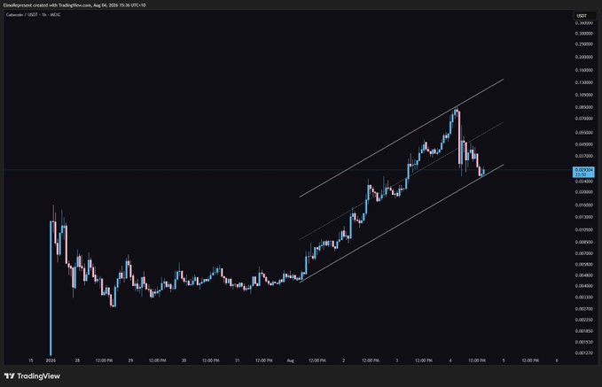 A TradingView candlestick chart of $CATE/USDT on a 30-minute timeframe from early August 2025 shows the price climbing within an ascending channel pattern before pulling back to the lower trendline near $0.03, supporting the bullish "about to pump" thesis as the asset re-tests key support for a potential breakout.