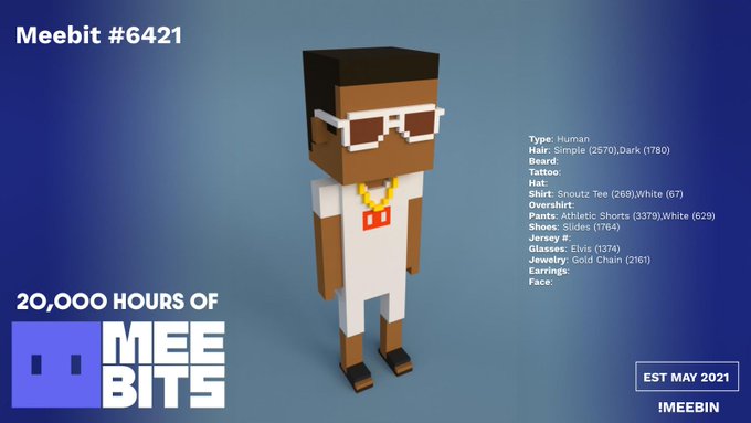 Meebit #6421, a voxel-style NFT character from the Meebits collection, is showcased wearing a Snoutz Tee, white athletic shorts, Elvis glasses, and a gold chain, with details noting "20,000 HOURS OF MEEBITS" and an established date of May 2021.
