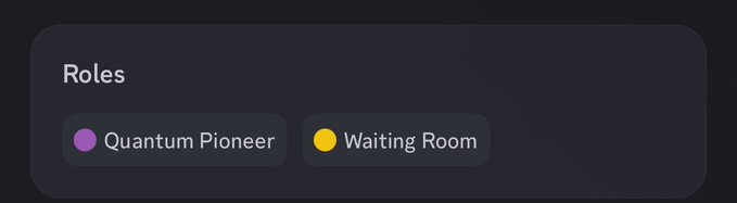 A dark user interface displays two roles: 'Quantum Pioneer' with a purple dot and 'Waiting Room' with a yellow dot.