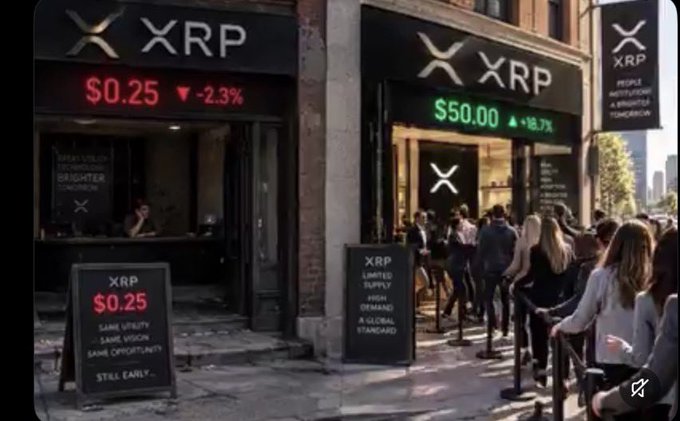 A split-screen image contrasts two XRP storefronts: one showing a price of $0.25 with a red -2.3% drop and a 'same utility' sign, and the other showing a price of $50.00 with a green +18.7% increase and a long line of people.