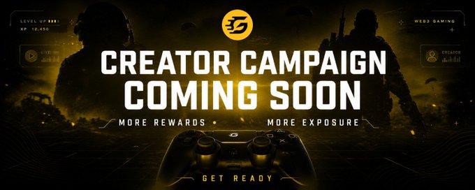 The image features a banner for an upcoming creator campaign, with two people depicted in action poses. The banner includes text that announces the launch of the new campaign and encourages users to "Get ready creators A new @GameReqOfficial creator campaign is coming soon". The background of the banner has a dark color scheme, which contrasts with the bright yellow logo at the top. The image also contains a small white bullet point list below the banner, providing more details about the upcoming campaign.