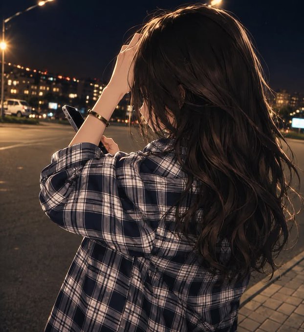 An AI-generated image of a woman with long brown hair seen from behind, wearing a plaid shirt and looking at her phone on a city street at night.