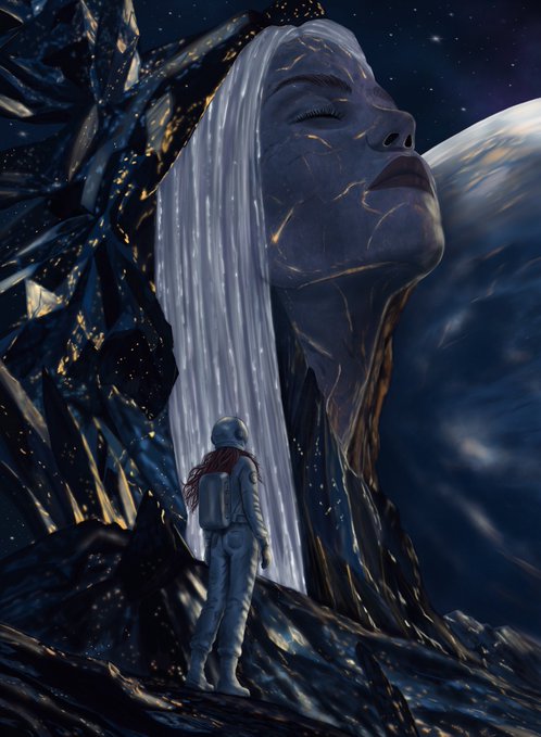 Digital art depicting an astronaut in a white suit with a red scarf standing before a colossal, sleeping statue of a woman with flowing white hair, set against a starry cosmic background.