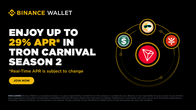 This Binance Wallet promotional image advertises TRON Carnival Season 2, offering up to 29% APR (real-time and subject to change) for users who subscribe to promoted pools on JustLend, SUN, and USDD via Binance Wallet DeFi, featuring a prominent TRON logo and a "JOIN NOW" call-to-action button.