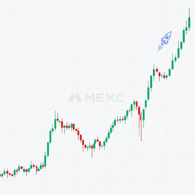 A MEXC candlestick chart displays a strong upward price trend, with green candles dominating the chart as prices rise sharply to new highs, accompanied by a blue rocket icon emphasizing the bullish momentum—visually answering the prompt "Which coin needs this?"