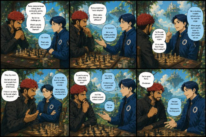 A six-panel comic strip depicts two characters playing chess outdoors, discussing 'Startle' as a 'crypto project' with visible dialogue about a 'blockchain' and a 'token farm'.