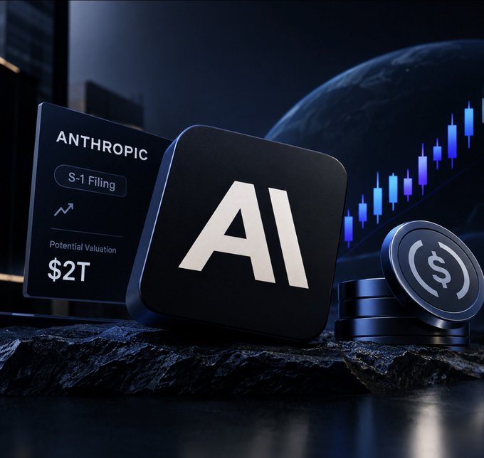 A dark, glossy AI-themed graphic features a large “AI” tile beside a card reading “ANTHROPIC,” “S-1 Filing,” and “Potential Valuation $2T,” with stock-market candles and coins in the background.