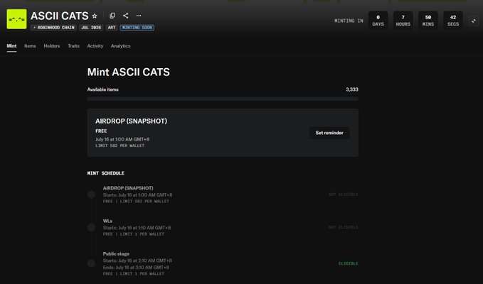 A screenshot of the ASCII CATS minting page on Solscan showing an airdrop snapshot available until July 16 with 3,333 items, and a mint schedule detailing airdrop, WLX, and public stage mints all set at 1 limit per wallet. The image illustrates the free airdrop snapshot phase of the project that the poster had previously promoted but now criticizes for engaging in shady practices.
